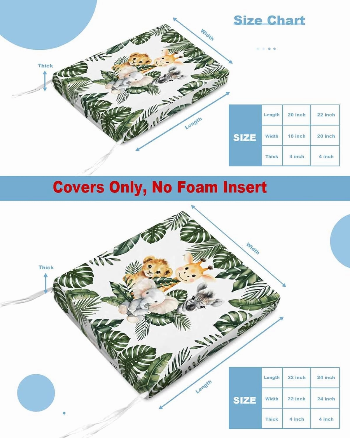 Outdoor Waterproof Cushion Covers Tropical Plants Animals Replacement Stretch Seat Slipcover for Patio, Cute Forest Lion Elephant Giraffe Chair Couch Sofa Covers Furniture Protector Set of 2,24x24IN