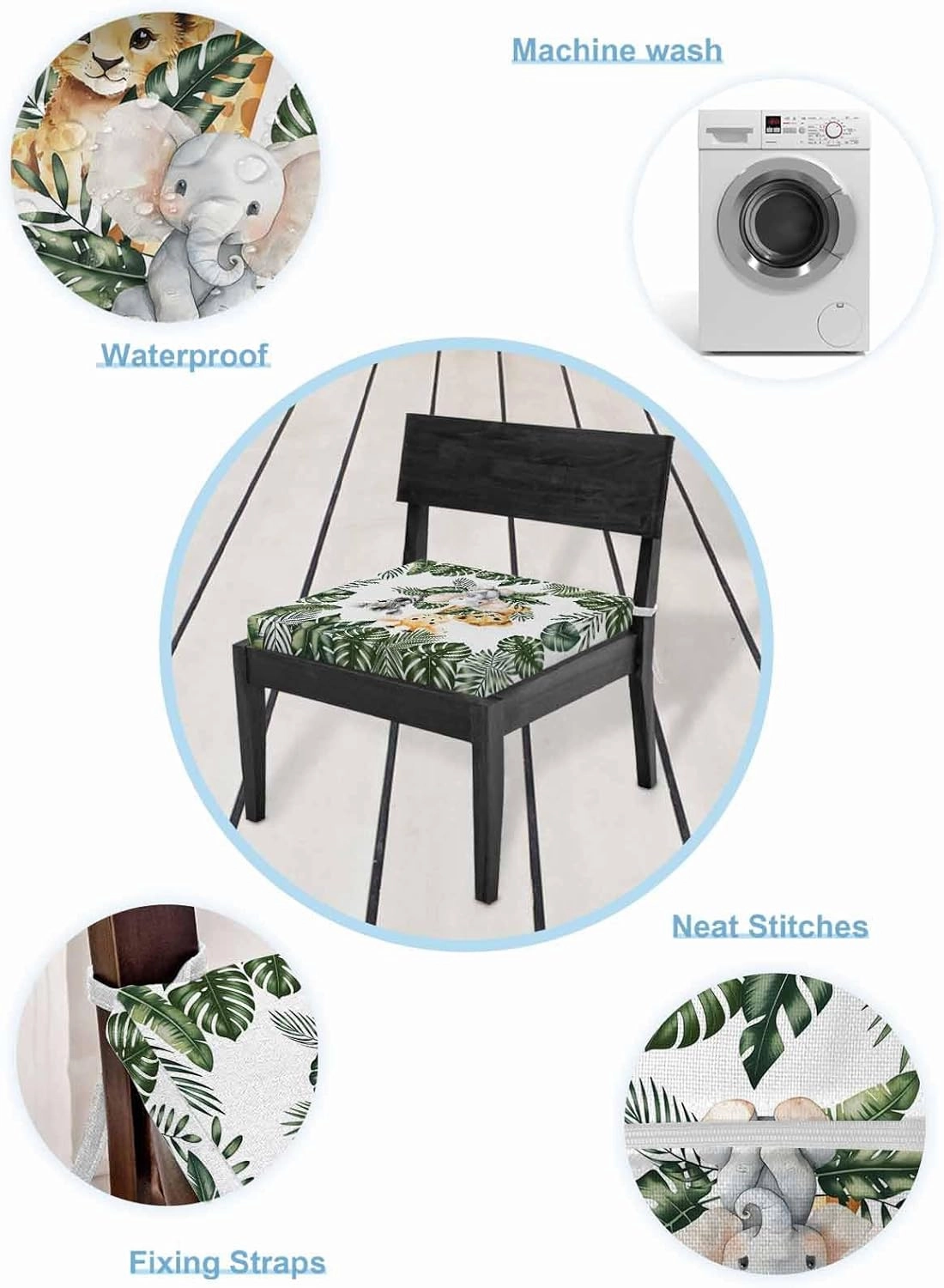 Outdoor Waterproof Cushion Covers Tropical Plants Animals Replacement Stretch Seat Slipcover for Patio, Cute Forest Lion Elephant Giraffe Chair Couch Sofa Covers Furniture Protector Set of 2,24x24IN