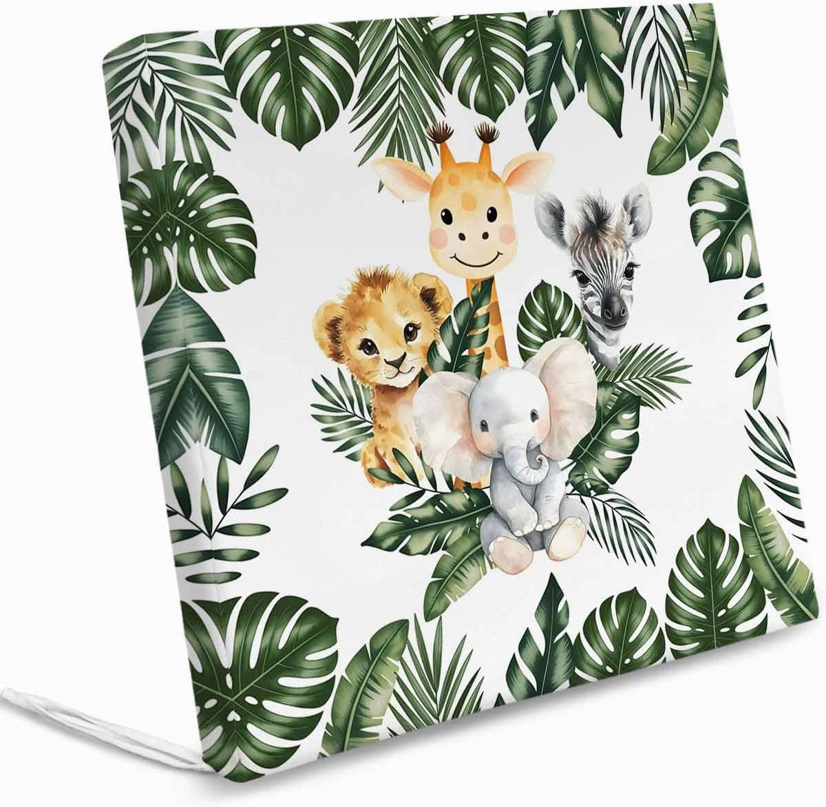 Outdoor Waterproof Cushion Covers Tropical Plants Animals Replacement Stretch Seat Slipcover for Patio, Cute Forest Lion Elephant Giraffe Chair Couch Sofa Covers Furniture Protector Set of 2,24x24IN