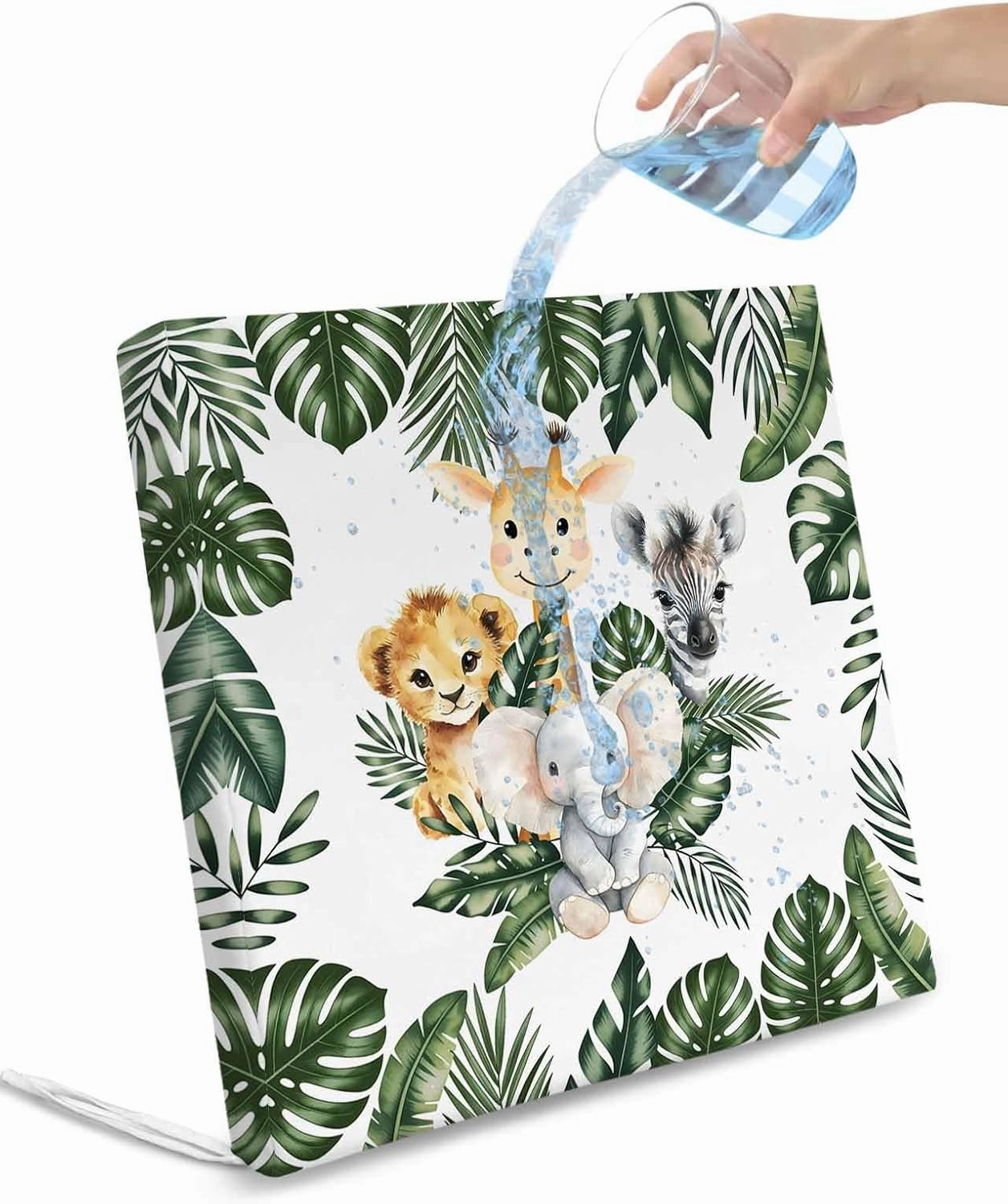 Outdoor Waterproof Cushion Covers Tropical Plants Animals Replacement Stretch Seat Slipcover for Patio, Cute Forest Lion Elephant Giraffe Chair Couch Sofa Covers Furniture Protector Set of 2,24x24IN