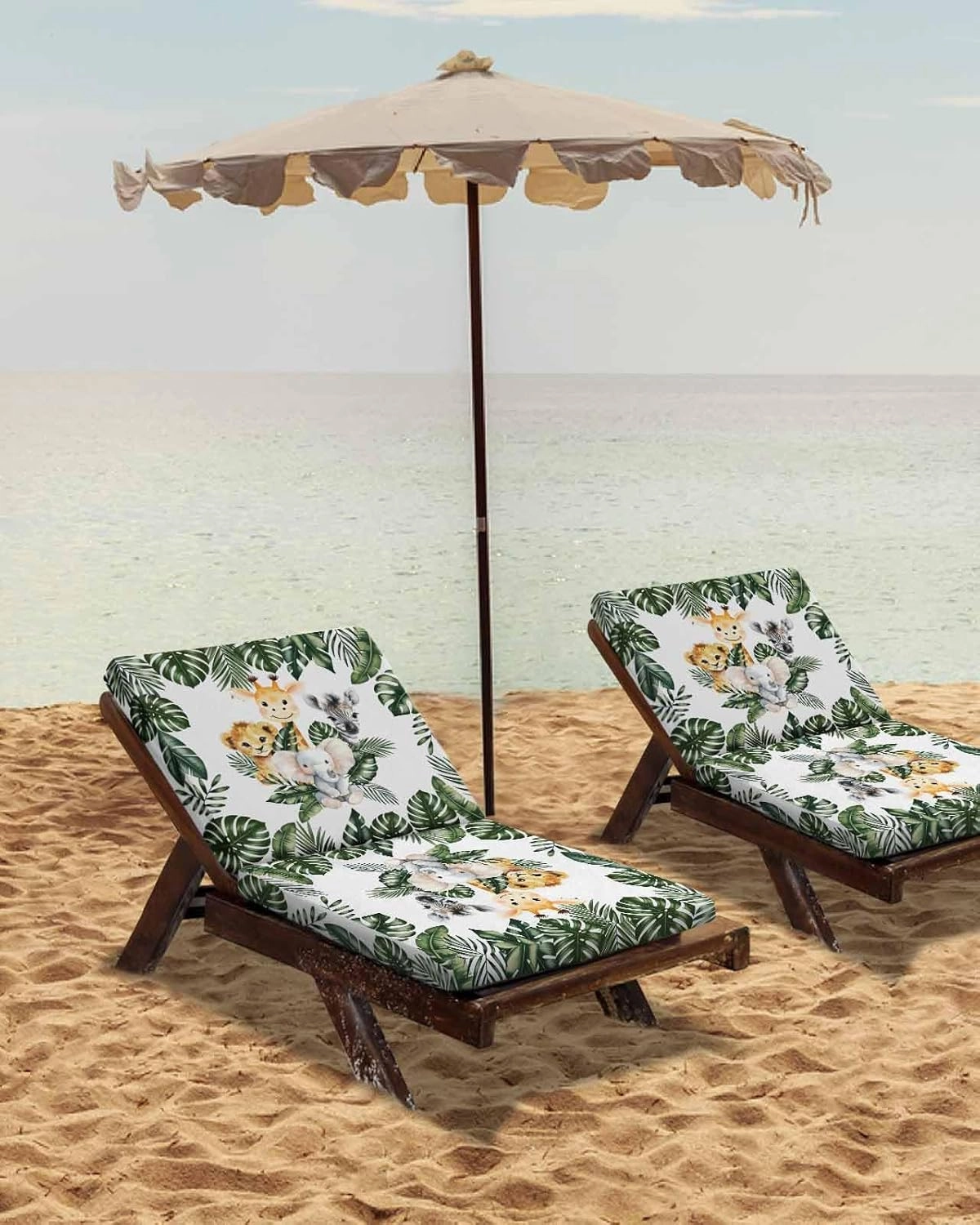 Outdoor Waterproof Cushion Covers Tropical Plants Animals Replacement Stretch Seat Slipcover for Patio, Cute Forest Lion Elephant Giraffe Chair Couch Sofa Covers Furniture Protector Set of 2,24x24IN