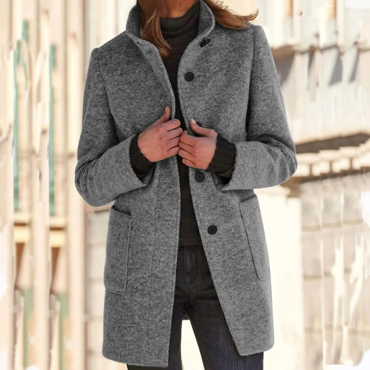 Pea Coats for Women Winter Stand Collar Wool Long Trench Coats Casual Single Breasted Blazer Thicken Peacoat Jackets
