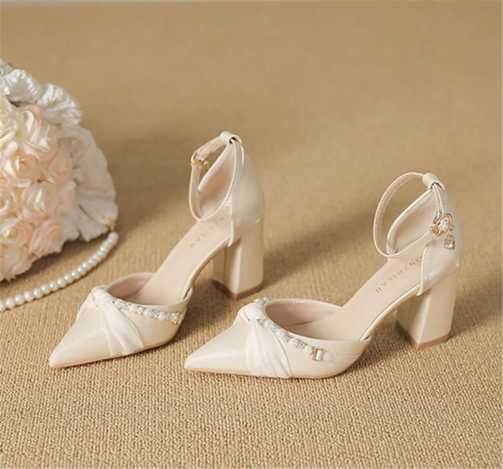 Pearl Baotou Thick with Hollow High Heels Female Pointed Commuter One Word with 7cm/2.76in Single Shoes