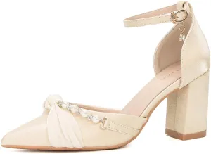Pearl Baotou Thick with Hollow High Heels Female Pointed Commuter One Word with 7cm/2.76in Single Shoes