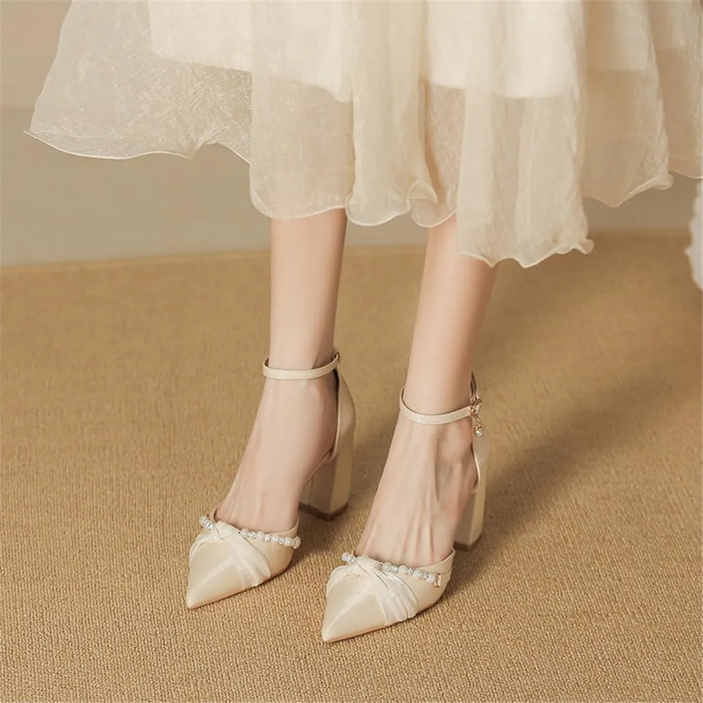 Pearl Baotou Thick with Hollow High Heels Female Pointed Commuter One Word with 7cm/2.76in Single Shoes
