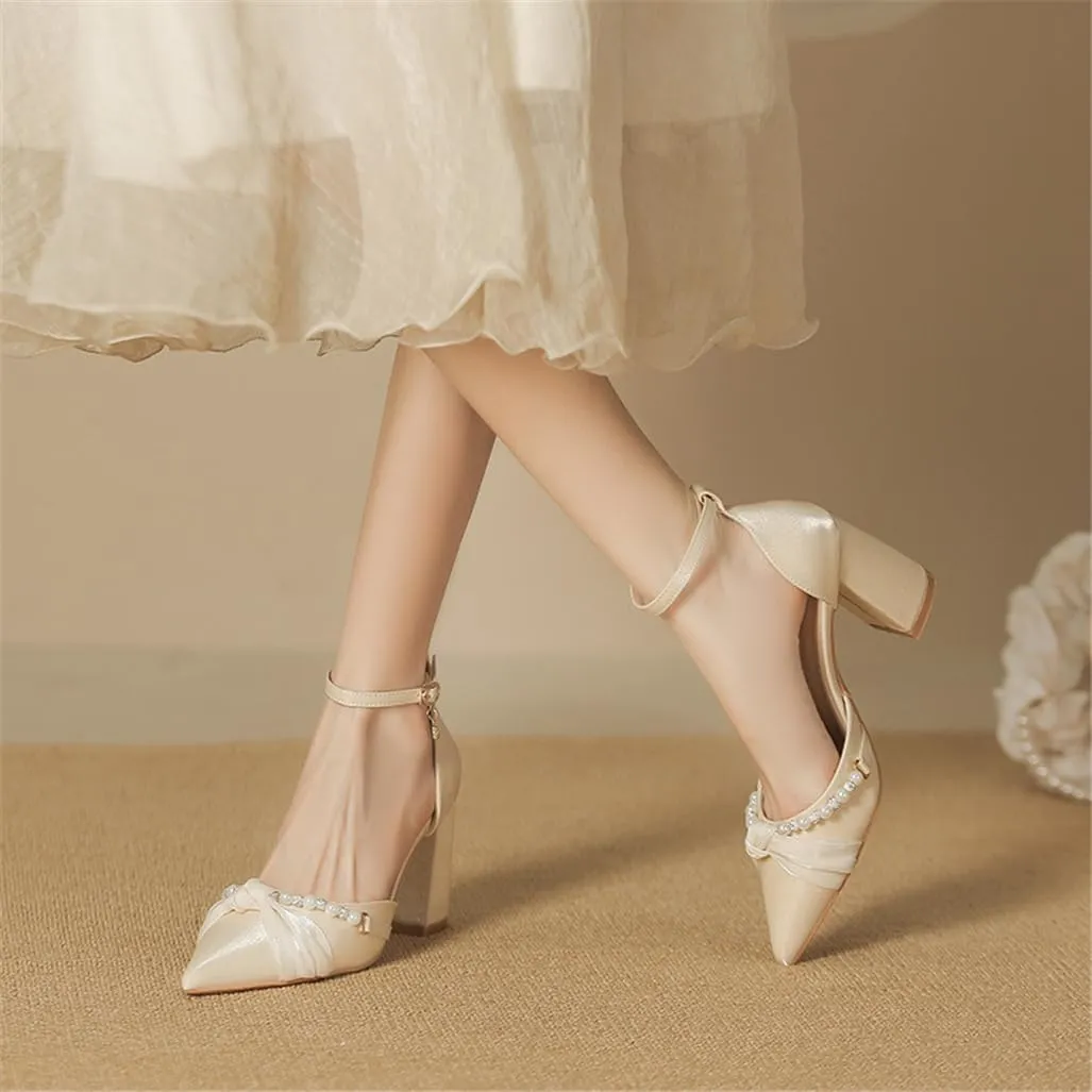 Pearl Baotou Thick with Hollow High Heels Female Pointed Commuter One Word with 7cm/2.76in Single Shoes
