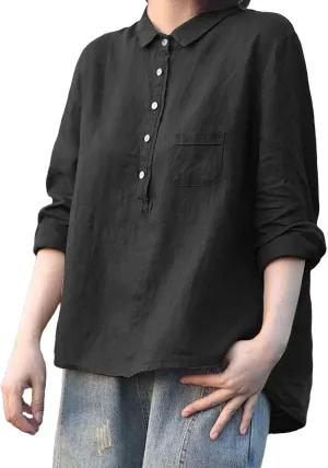Peter Pan Collar Shirt Women Long Sleeve Casual Quarter-Button Cotton Linen Henley Tops Spring Summer 2025 Tops
