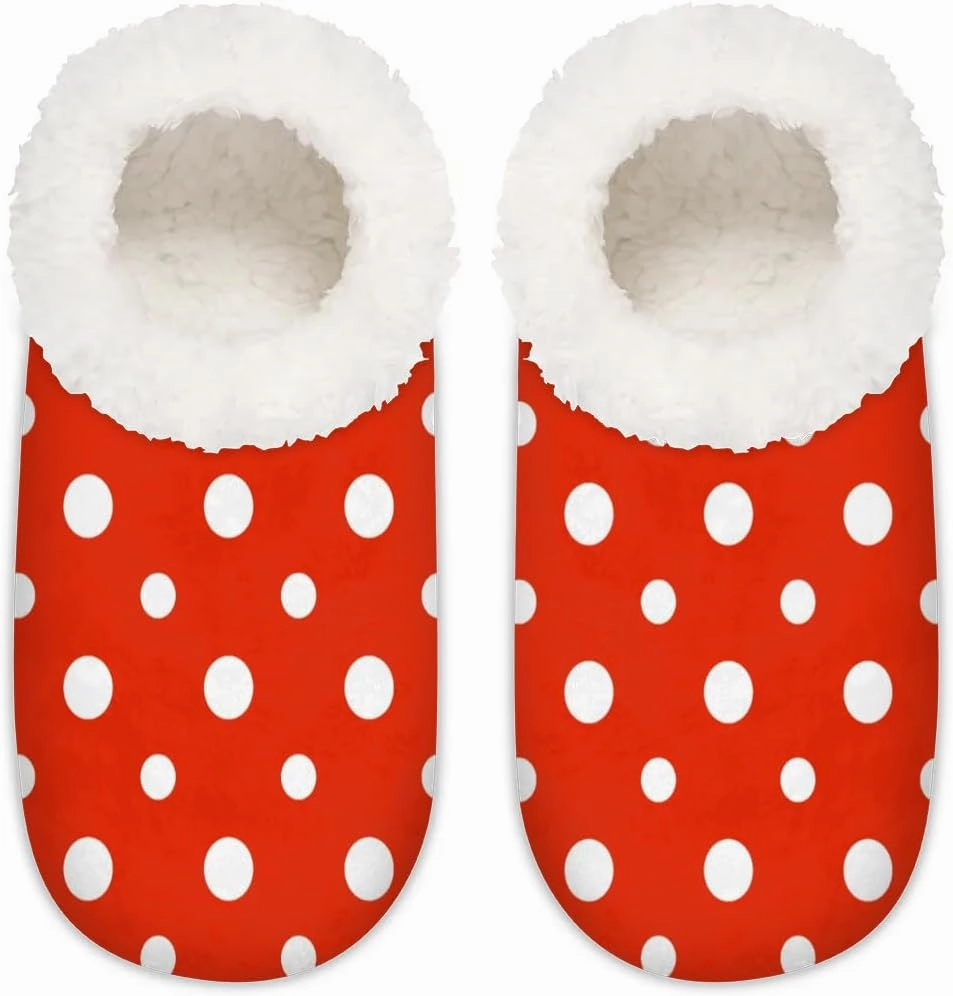 Polka Dots Red White House Slippers for Women Men Soft Closed Back Slippers Indoor Fuzzy Bedroom Shoes Lightweight Non-slip Home Slippers