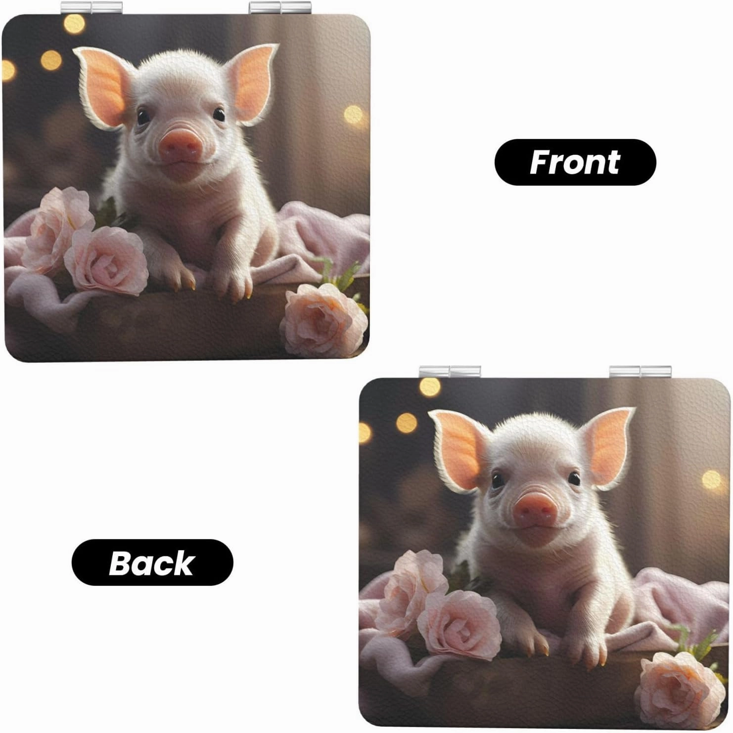 Portable Pocket Makeup Mirror Cute Young Pig Travel Cosmetic Mirror Square Print Magnifying Compact Mirror for Eyelash