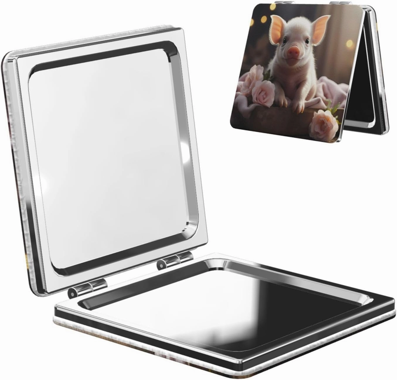 Portable Pocket Makeup Mirror Cute Young Pig Travel Cosmetic Mirror Square Print Magnifying Compact Mirror for Eyelash