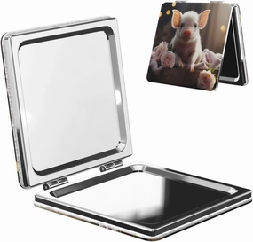 Portable Pocket Makeup Mirror Cute Young Pig Travel Cosmetic Mirror Square Print Magnifying Compact Mirror for Eyelash