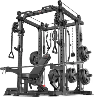 Power Cage Multi-Function Power Rack with Cable Crossover System,1800 LBS Capacity Squat Rack with Weight Bench,for Home Gym