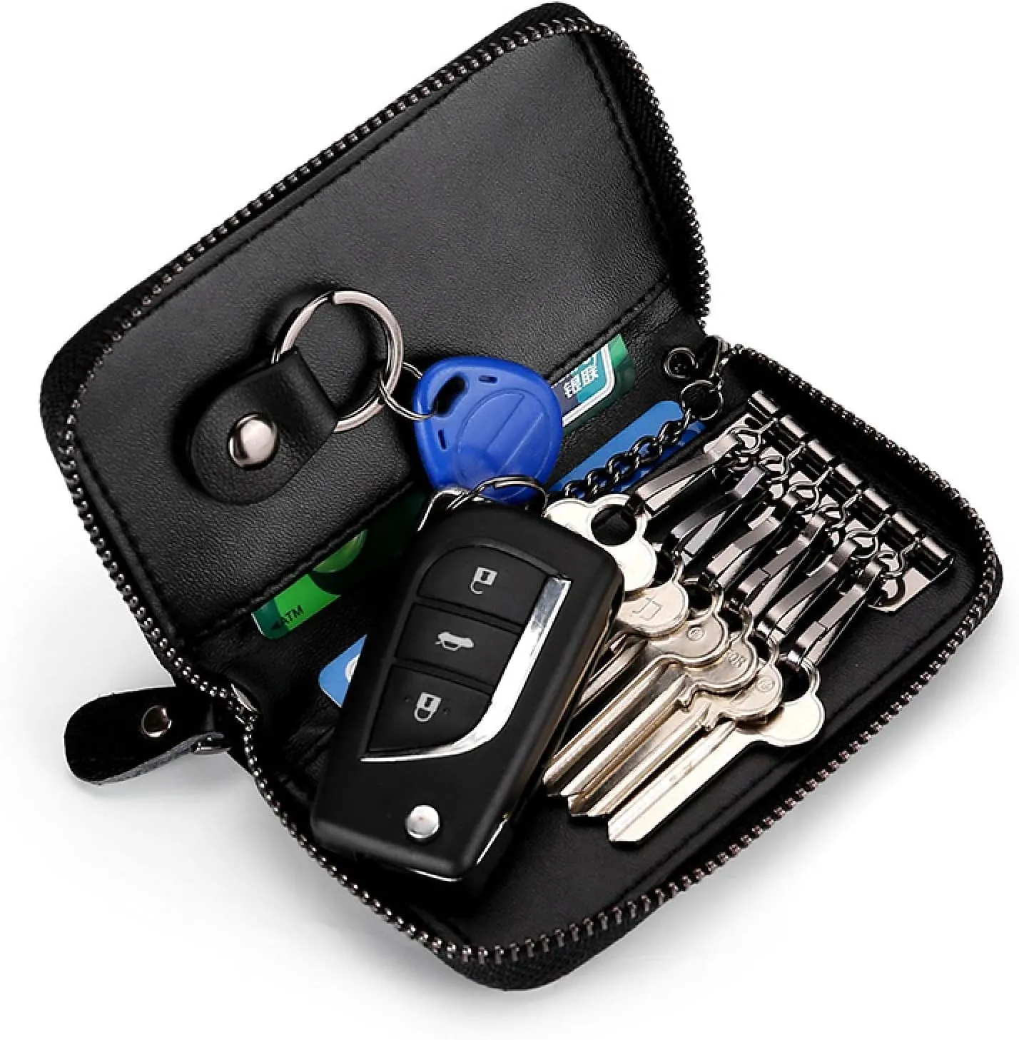 Premium Leather Car Key Case Mini Car Key Holder Keyring Zipper Bag Keychain Case Wallet Purse Unisex (Black)