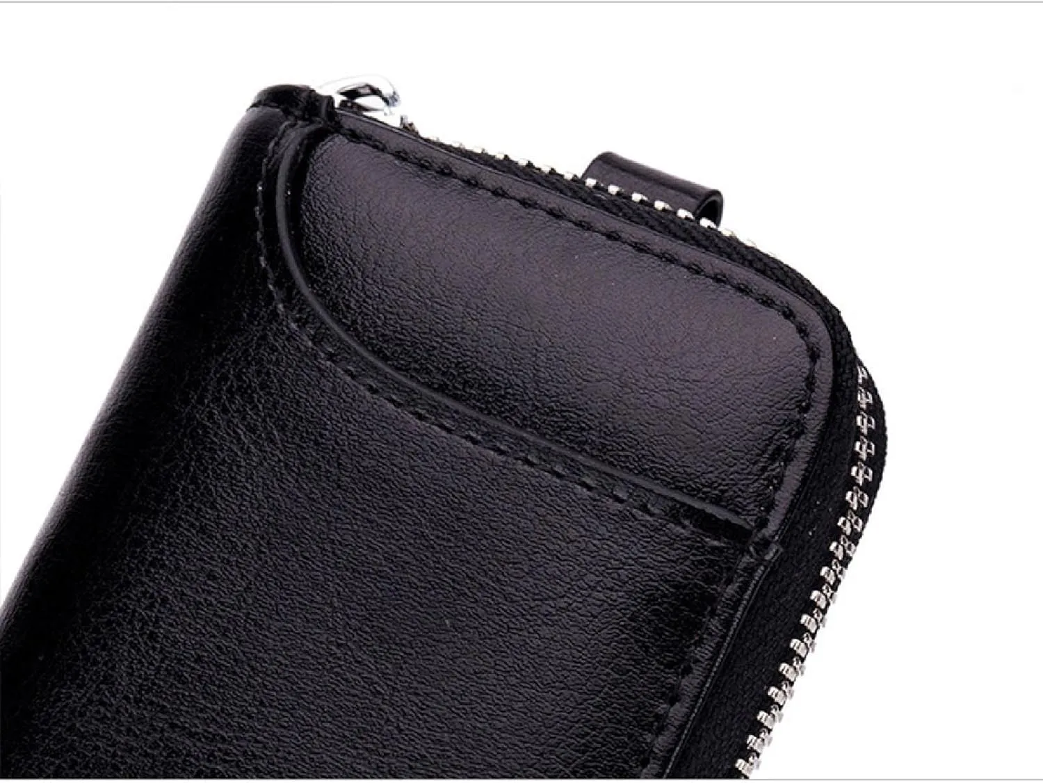 Premium Leather Car Key Case Mini Car Key Holder Keyring Zipper Bag Keychain Case Wallet Purse Unisex (Black)