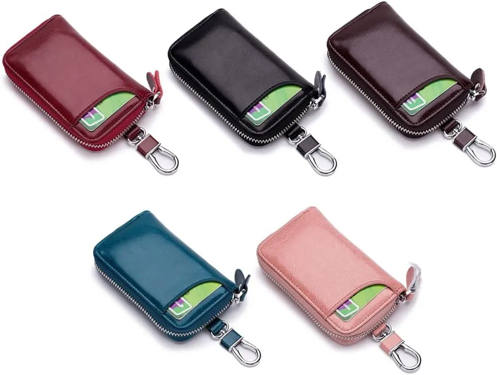 Premium Leather Car Key Case Mini Car Key Holder Keyring Zipper Bag Keychain Case Wallet Purse Unisex (Black)