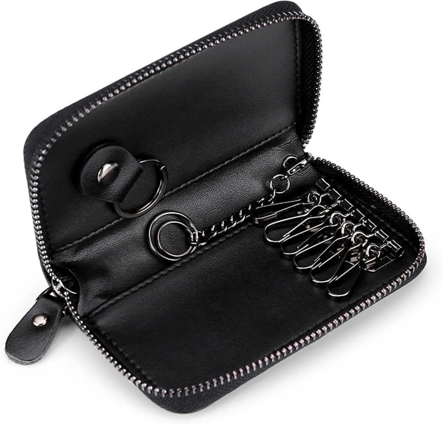 Premium Leather Car Key Case Mini Car Key Holder Keyring Zipper Bag Keychain Case Wallet Purse Unisex (Black)