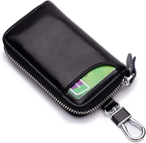 Premium Leather Car Key Case Mini Car Key Holder Keyring Zipper Bag Keychain Case Wallet Purse Unisex (Black)
