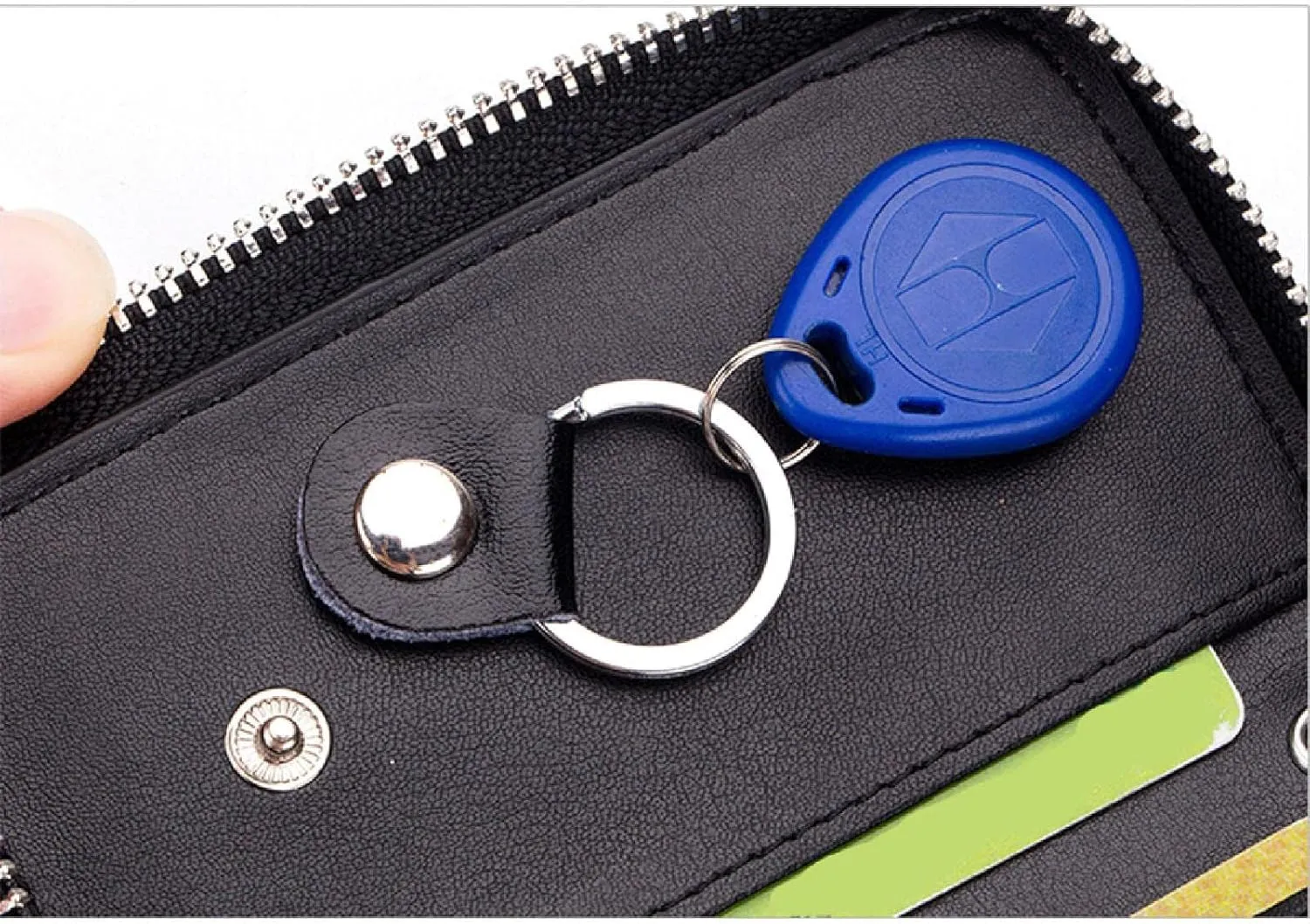 Premium Leather Car Key Case Mini Car Key Holder Keyring Zipper Bag Keychain Case Wallet Purse Unisex (Black)