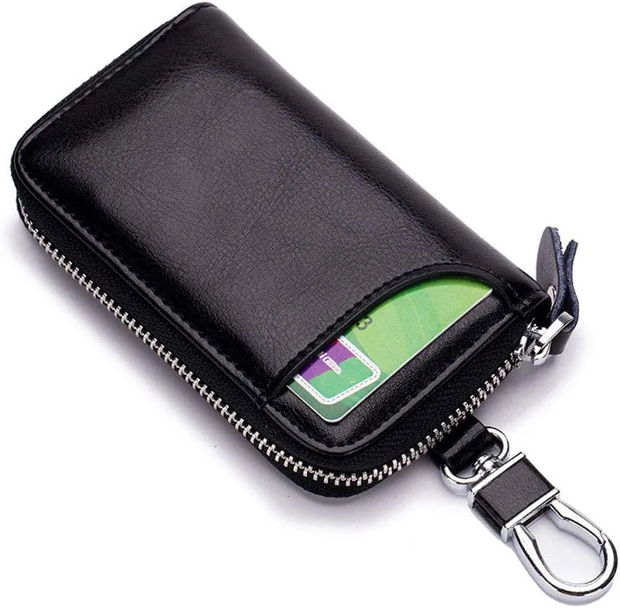 Premium Leather Car Key Case Mini Car Key Holder Keyring Zipper Bag Keychain Case Wallet Purse Unisex (Black)