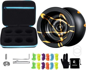 Professional Metal Yoyo N11 Black Gold, Unresponsive Yoyo for Kids/Advanced Player Glove Yoyo Bag Yoyo Strings, Bundle with Yoyo Ball Storage Bag Case, Protect Yoyos & Accessories