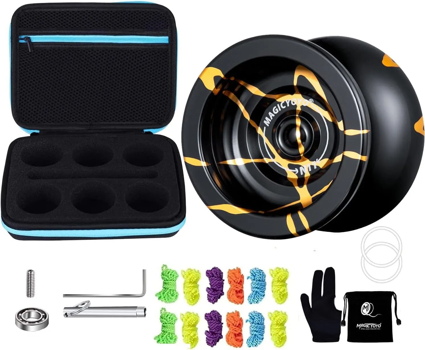 Professional Metal Yoyo N11 Black Gold, Unresponsive Yoyo for Kids/Advanced Player Glove Yoyo Bag Yoyo Strings, Bundle with Yoyo Ball Storage Bag Case, Protect Yoyos & Accessories