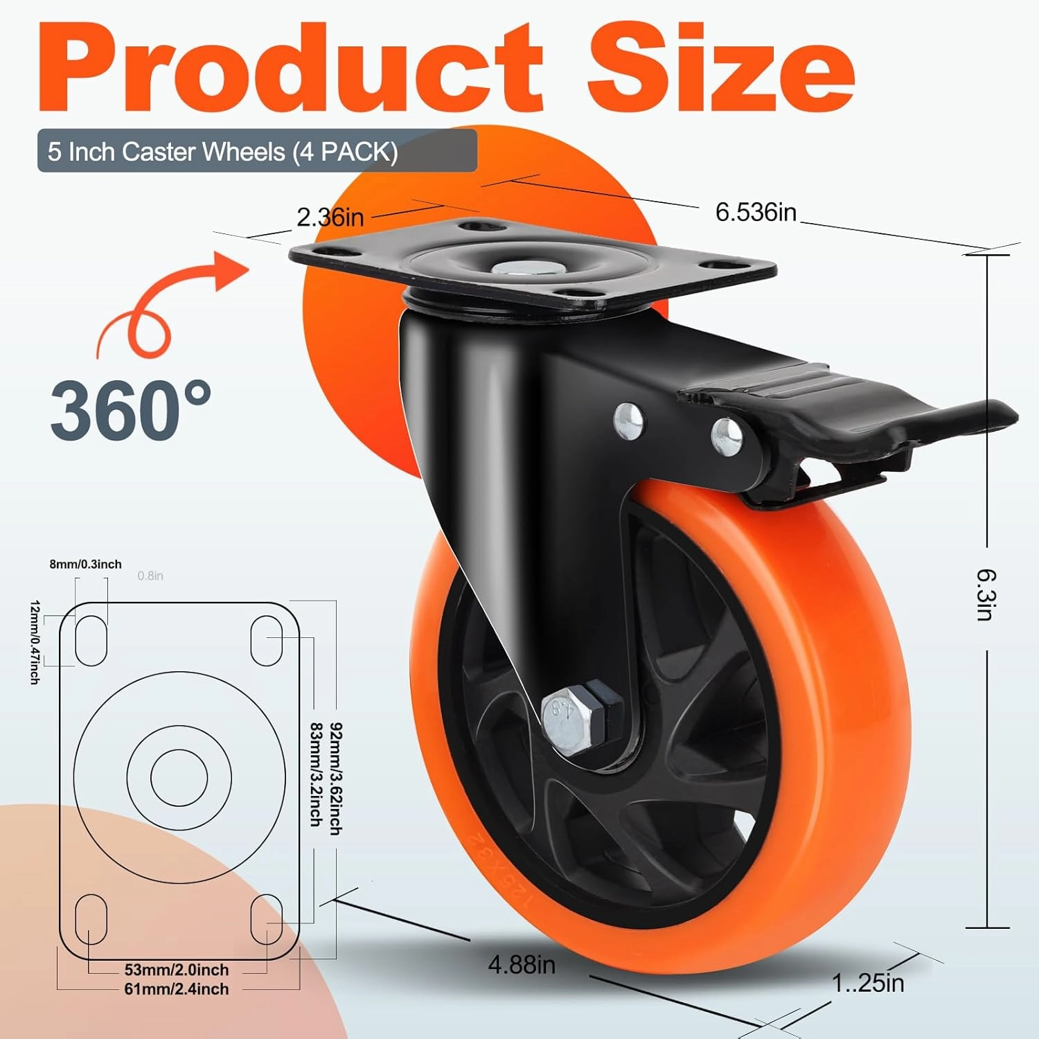 QNCZ Caster Wheels, 5 Inch Heavy Duty Casters Set of 4, Silent Industrial Casters Load 2600lbs, Swivel Casters for Furniture, Workbench and Cart Wheels
