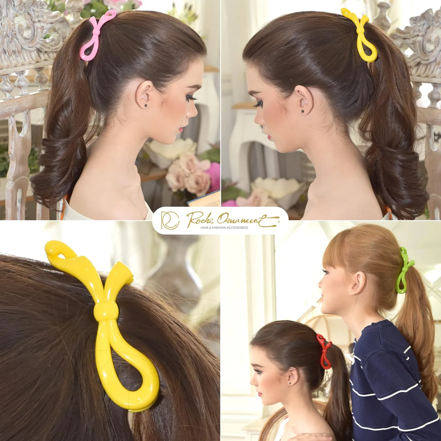 RC ROCHE ORNAMENT 6 Pcs Bow Ribbon Hair Clip Claw Women Banana Ponytail Holder Maker Polished Non Slip Secure Grip Elegant Plastic Comb Clip Clasp, Medium Rainbow Multicolor