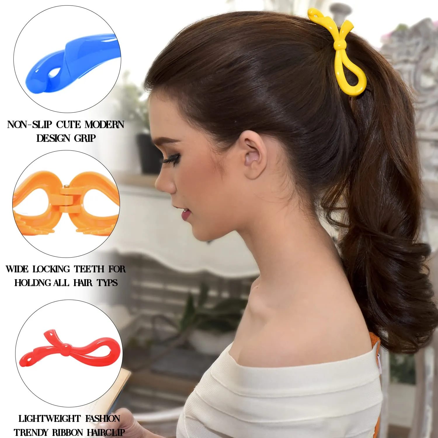 RC ROCHE ORNAMENT 6 Pcs Bow Ribbon Hair Clip Claw Women Banana Ponytail Holder Maker Polished Non Slip Secure Grip Elegant Plastic Comb Clip Clasp, Medium Rainbow Multicolor