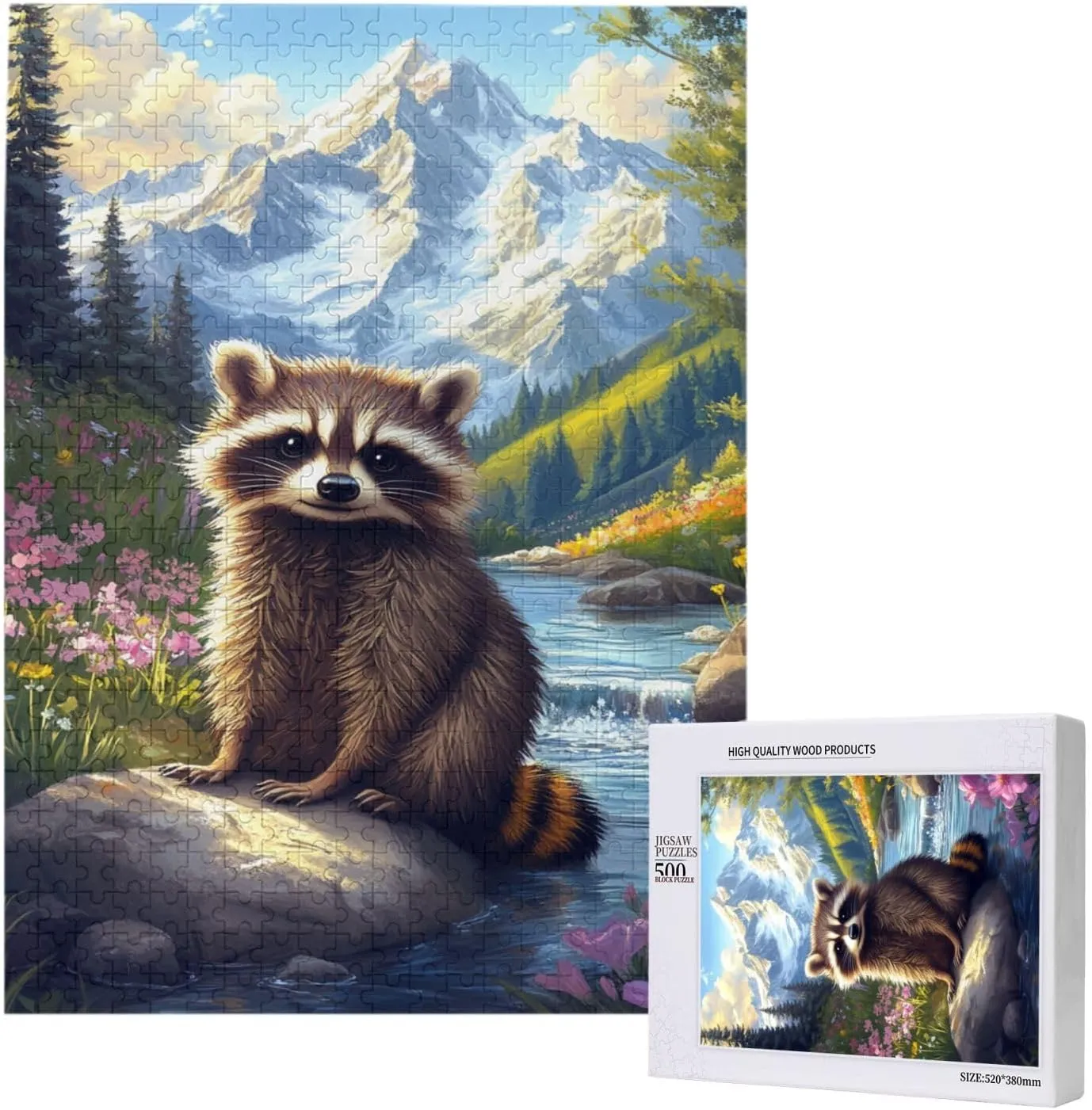 River Raccoon Jigsaw Puzzle 500 Pieces, Colorfuls Jungle, Challenging Brain Exercise, High Difficulty Entertainment Game, Adult Wooden Puzzle, Gift for Relatives and Friends