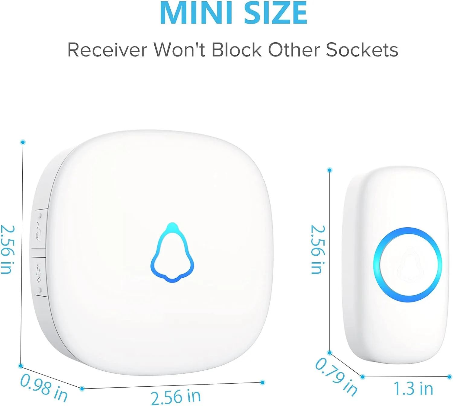 SECRUI Wireless Doorbell, Mini Door Bell with 58 Chimes 5 Volume Levels, 1 Waterproof Button 2 Plug in Receiver, White Doorbell with Led Blue light for Home/Classroom/Office