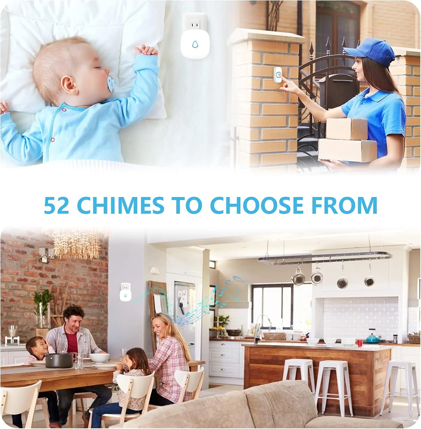 SECRUI Wireless Doorbell, Mini Door Bell with 58 Chimes 5 Volume Levels, 1 Waterproof Button 2 Plug in Receiver, White Doorbell with Led Blue light for Home/Classroom/Office