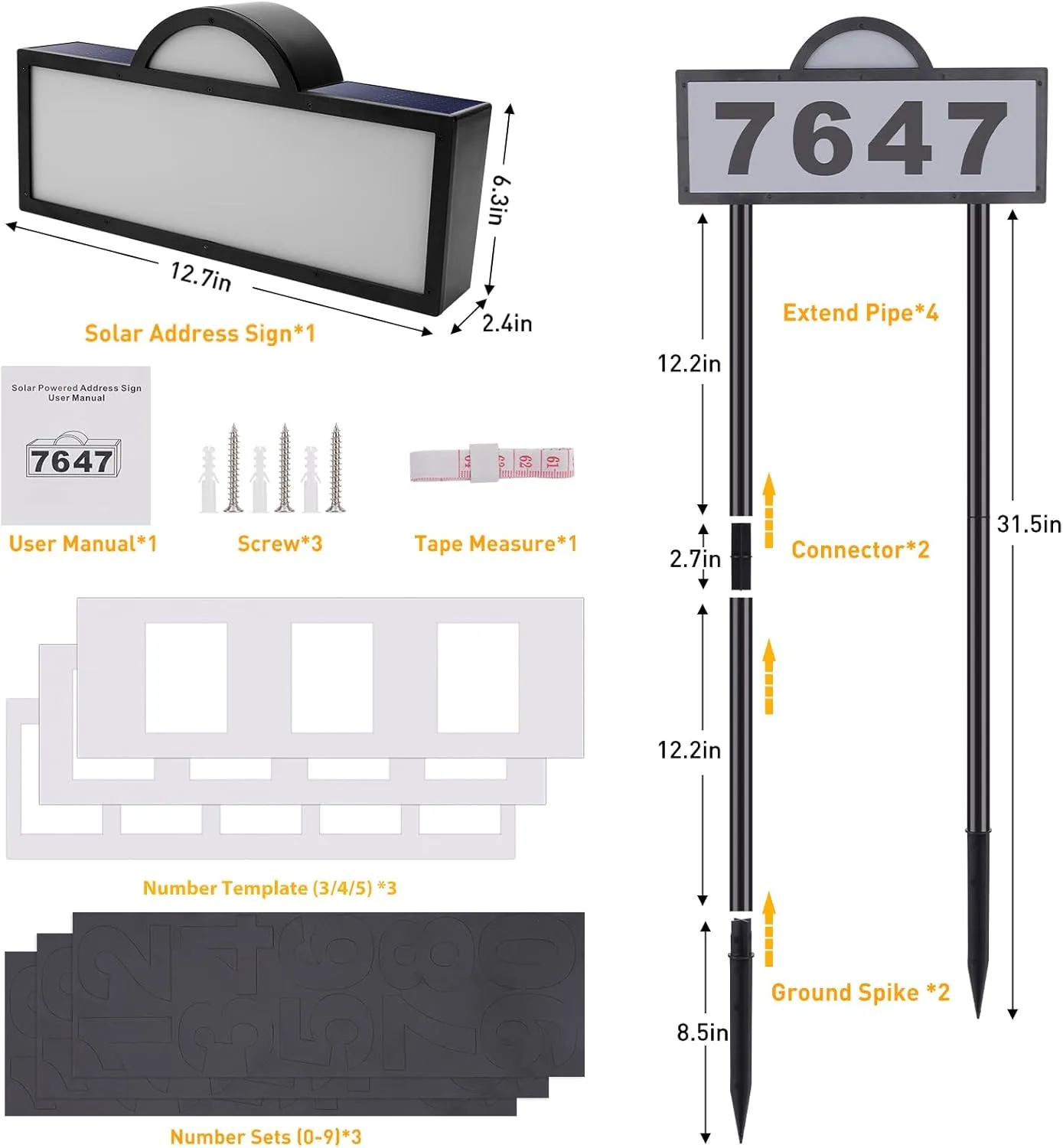 Solar House Numbers Address Sign,IP65 Waterproof Solar Address Plaque for Outside,3200K Warm & 6500k Cold LED Illuminated House Numbers for Outdoor Wall Mounted & Home Yard Ground Address Number