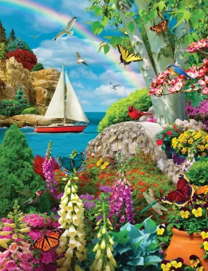 Springbok Stairway to Serenity 500 Piece Jigsaw Puzzle for Adults by Arist Alan Giana - Colorful Garden by The Ocean - Finished Size 23.5" x 18"