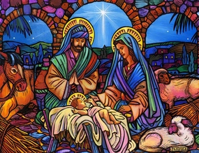 Springbok's Stained Glass Nativity 500 Piece Jigsaw Puzzle Features a Mosaic Interpretation of The Nativity by Artist Lew Johnson