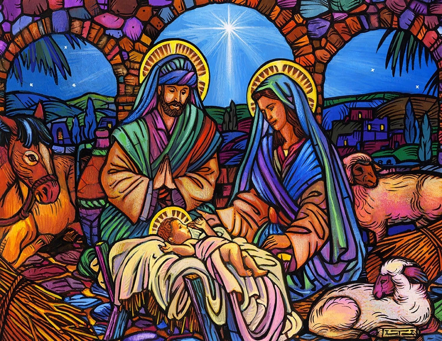 Springbok's Stained Glass Nativity 500 Piece Jigsaw Puzzle Features a Mosaic Interpretation of The Nativity by Artist Lew Johnson