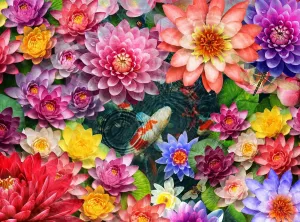Springbok's Colorful Koi Pond 1000 Piece Jigsaw Puzzle for Adults displays a Colorful and Serene Scene of Koi Fish in a Pond Blooming with Water Lilies - Made in The USA