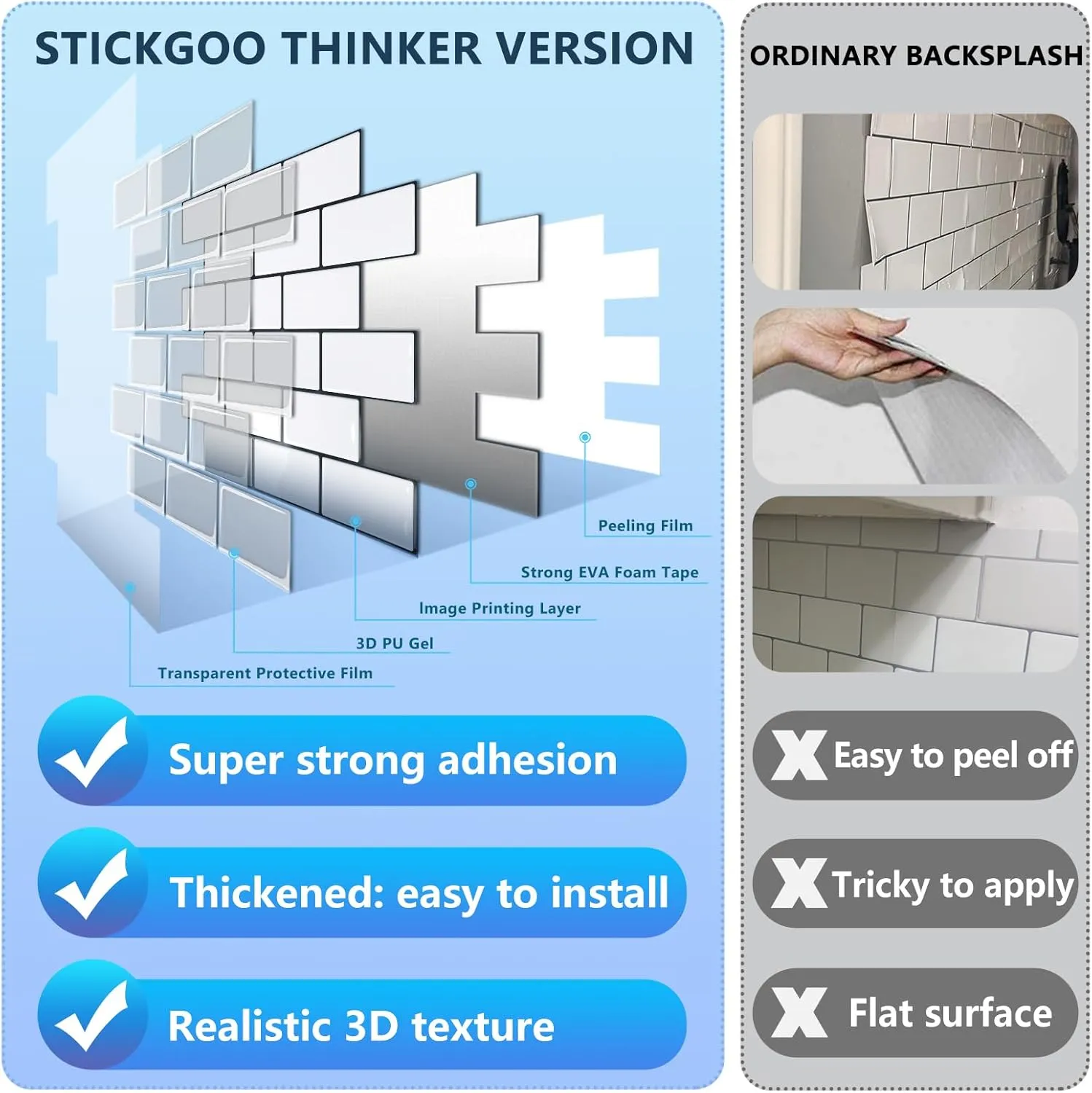 STICKGOO 10-Sheet Peel and Stick Backsplash, White Subway Tile Stick on Backsplash for Kitchen (Thicker Design)