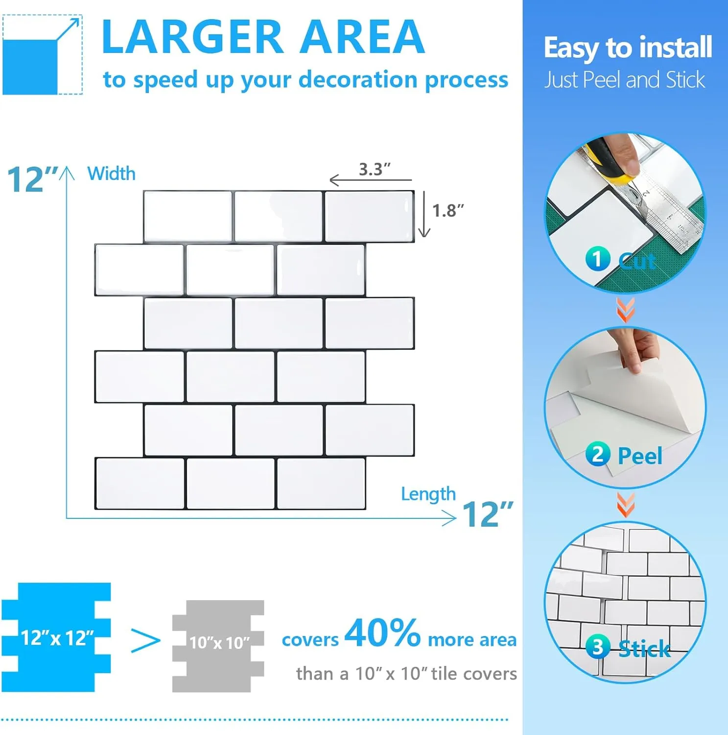 STICKGOO 10-Sheet Peel and Stick Backsplash, White Subway Tile Stick on Backsplash for Kitchen (Thicker Design)