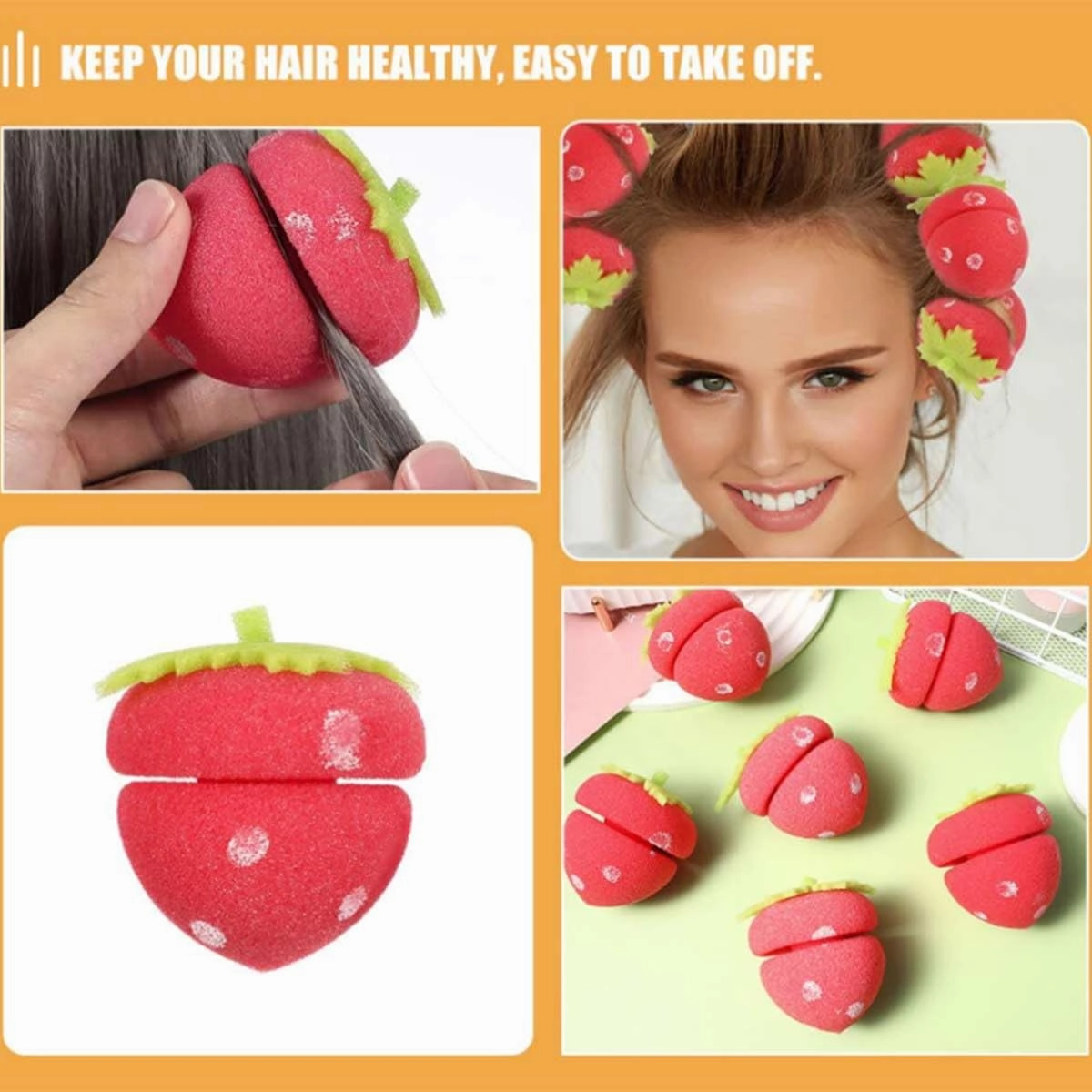 Strawberry Heatless Curlers,Strawberry Foam Rollers,Overnight Curlers for Medium Hair,Cling Hair Curls,Sponge Hair Curlers,Self Grip Hair Rollers for Short Hair,Modeling Tool for Women (Red, 12PCS)