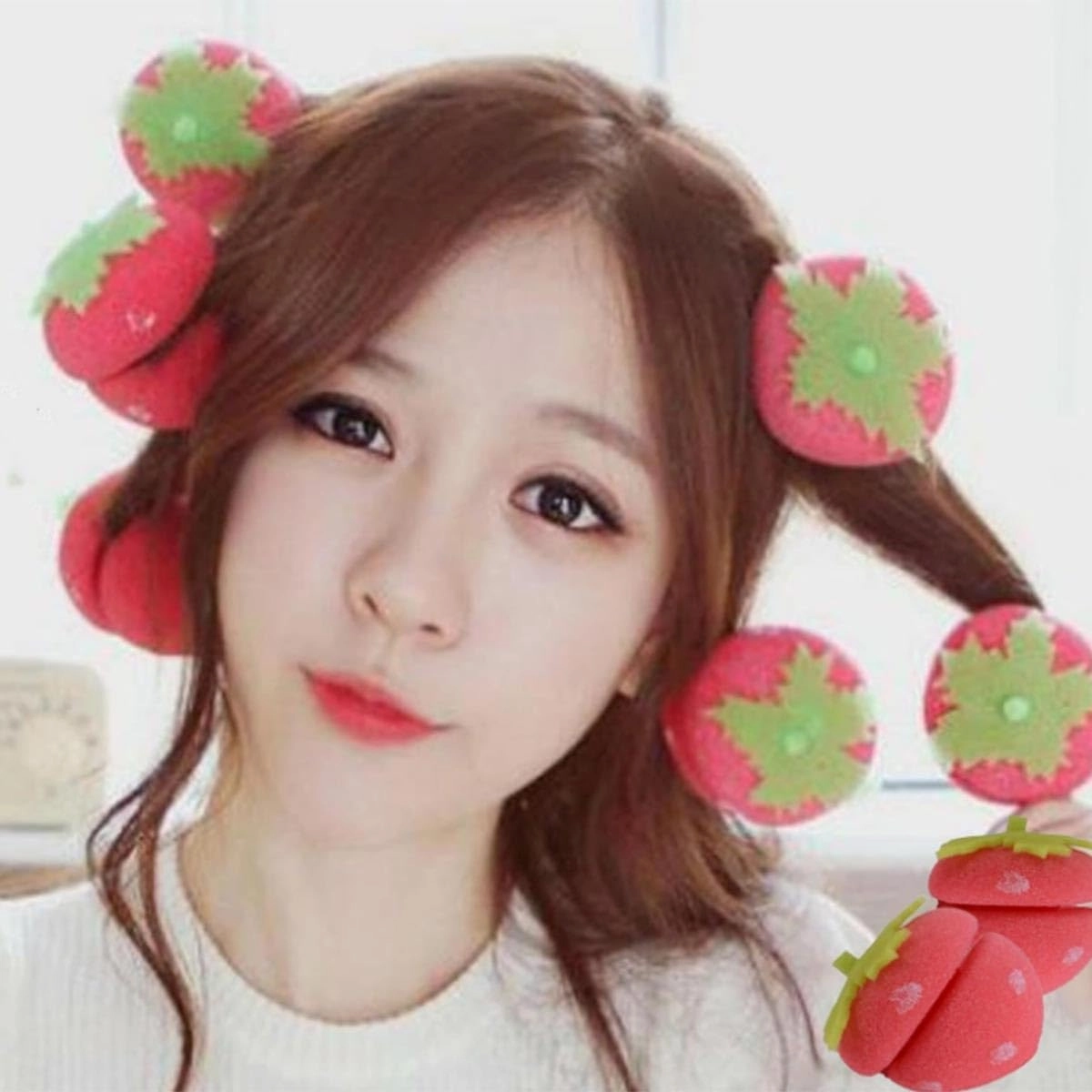 Strawberry Heatless Curlers,Strawberry Foam Rollers,Overnight Curlers for Medium Hair,Cling Hair Curls,Sponge Hair Curlers,Self Grip Hair Rollers for Short Hair,Modeling Tool for Women (Red, 12PCS)