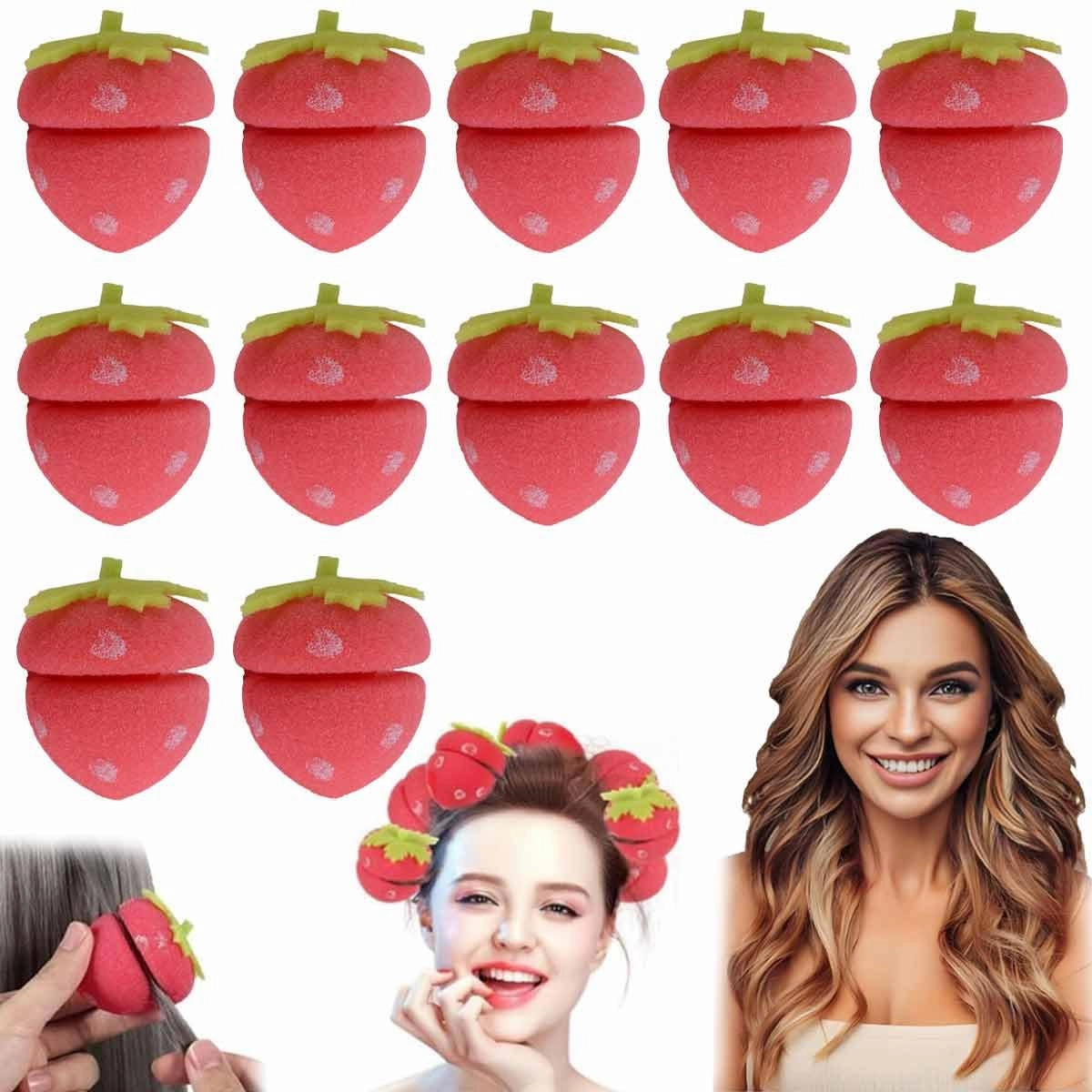 Strawberry Heatless Curlers,Strawberry Foam Rollers,Overnight Curlers for Medium Hair,Cling Hair Curls,Sponge Hair Curlers,Self Grip Hair Rollers for Short Hair,Modeling Tool for Women (Red, 12PCS)