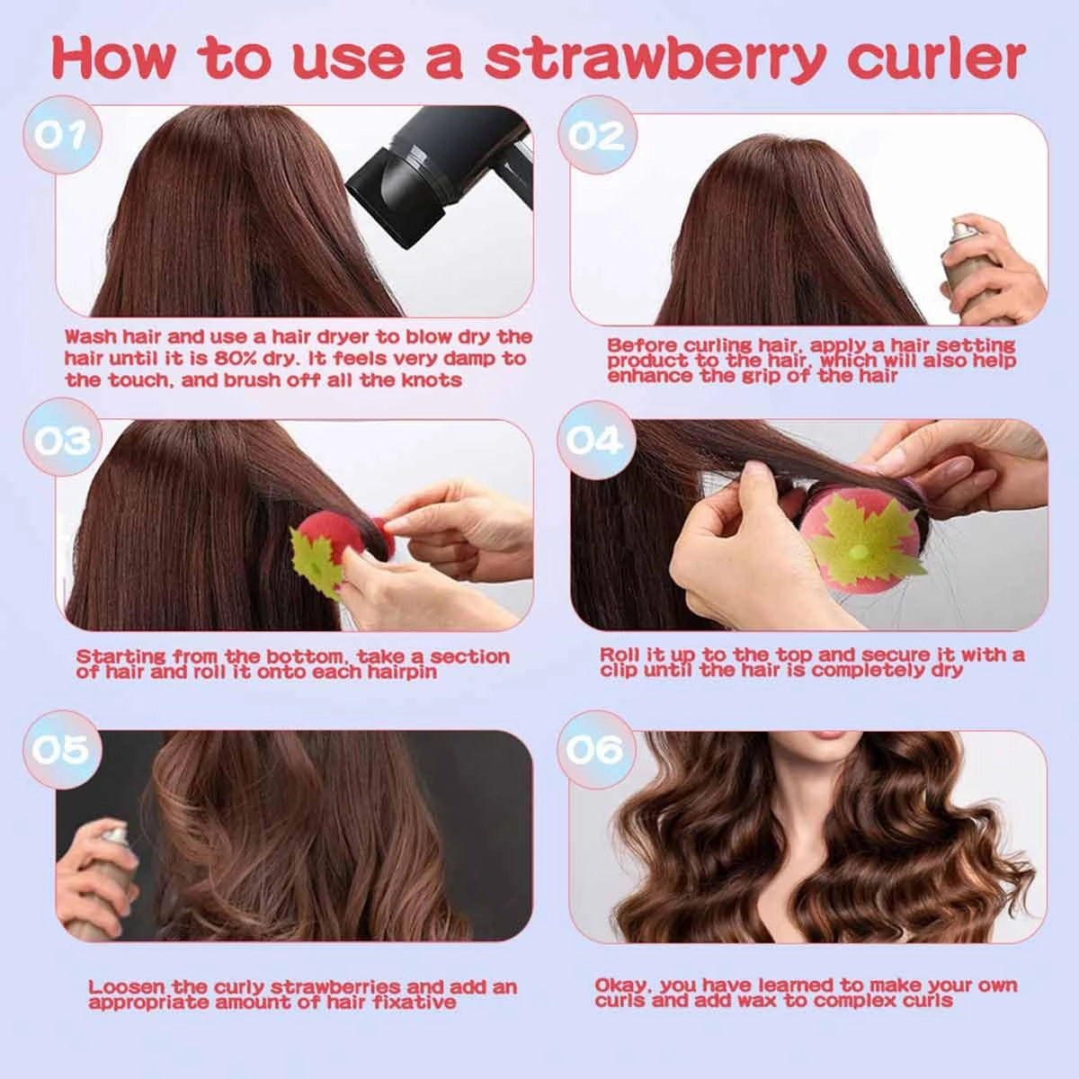 Strawberry Heatless Curlers,Strawberry Foam Rollers,Overnight Curlers for Medium Hair,Cling Hair Curls,Sponge Hair Curlers,Self Grip Hair Rollers for Short Hair,Modeling Tool for Women (Red, 12PCS)