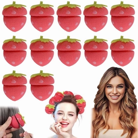 Strawberry Heatless Curlers,Strawberry Foam Rollers,Overnight Curlers for Medium Hair,Cling Hair Curls,Sponge Hair Curlers,Self Grip Hair Rollers for Short Hair,Modeling Tool for Women (Red, 12PCS)