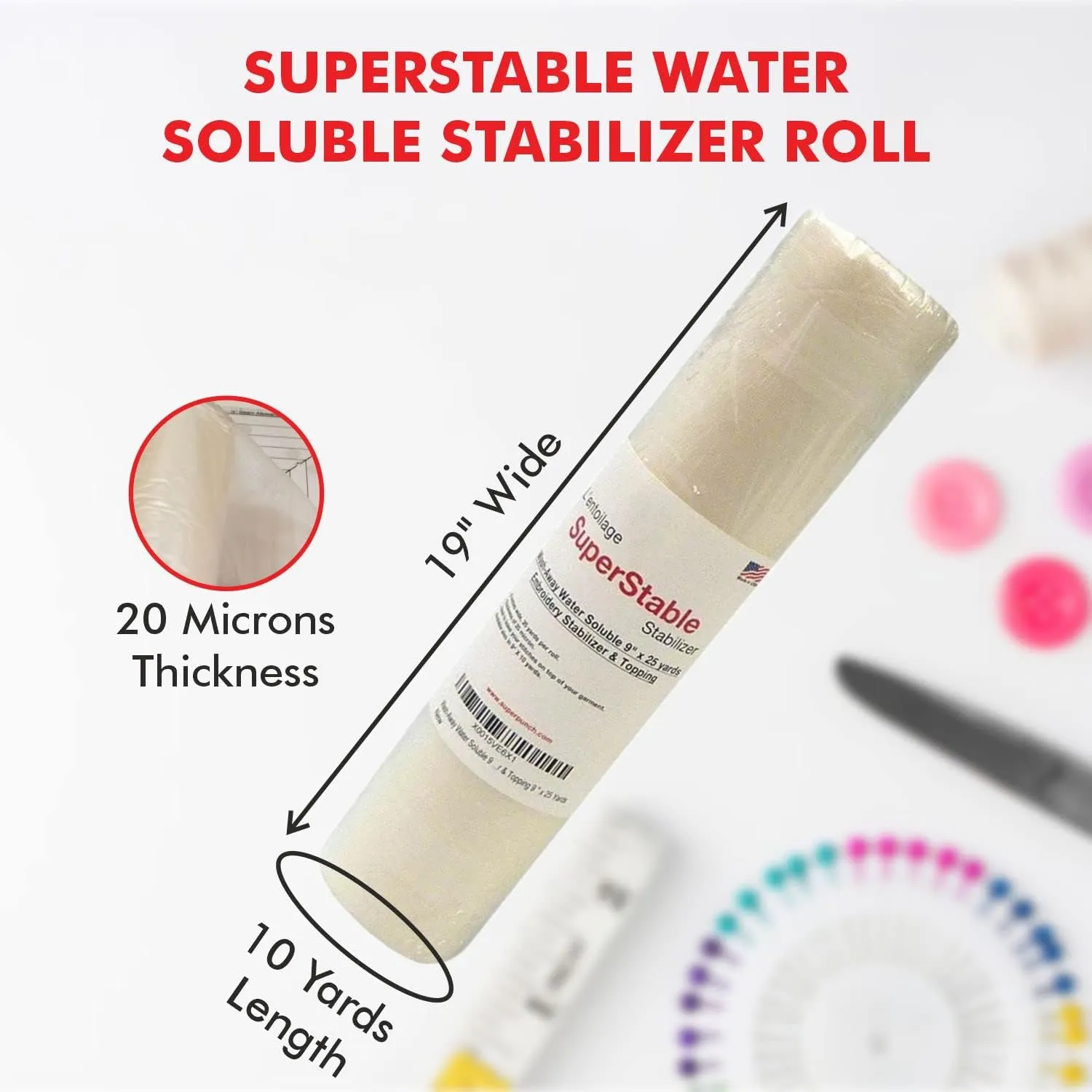 Superpunch Wash-Away Water Soluble Stabilizer for Embroidery - 19 inch x 10 Yard Roll, Fabric Stabilizer, Embroidery Backing & Cut Away Stabilizers - SuperStable Machine & Hand Sewing - Made in USA