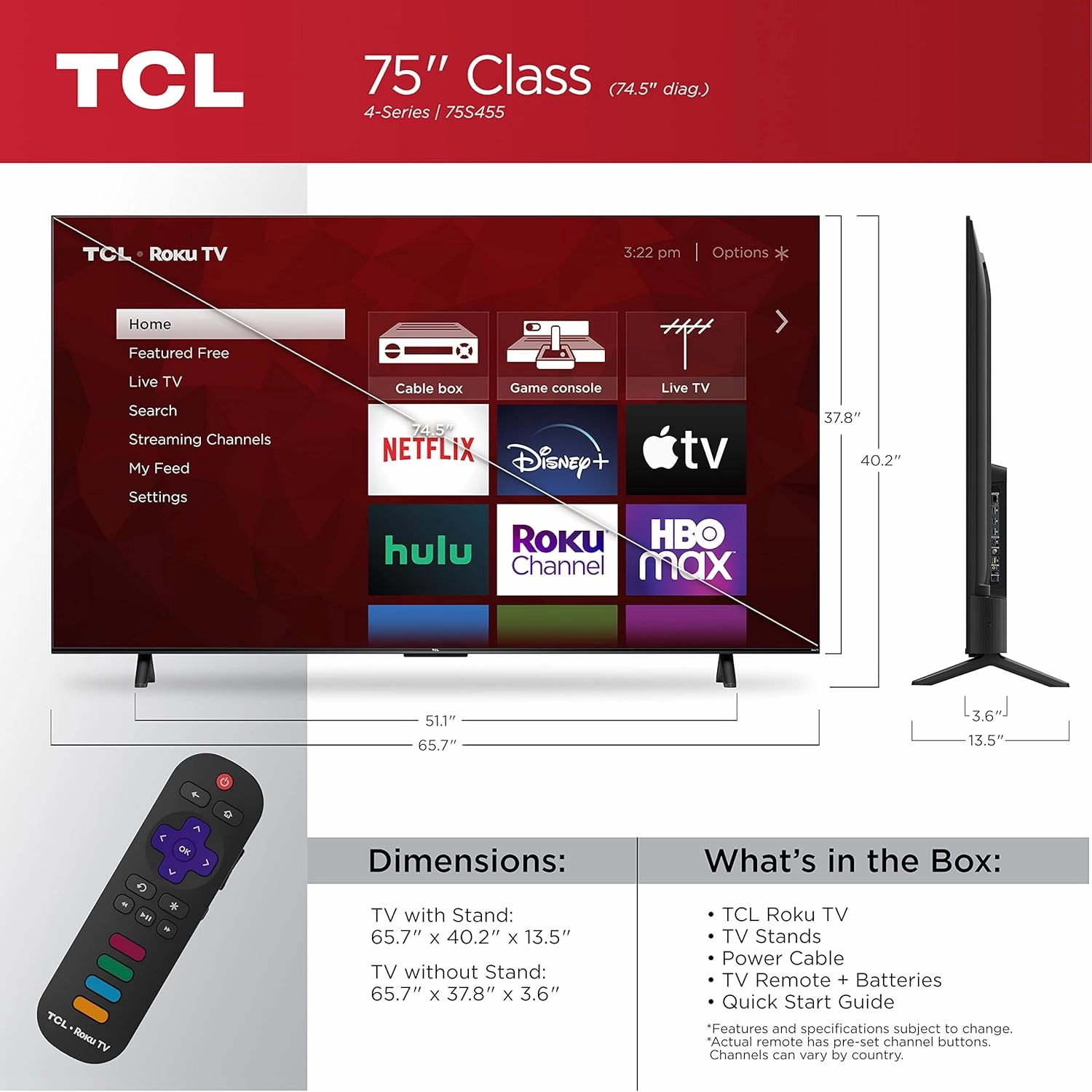 TCL 75" Class 4-Series 4K UHD HDR Smart Roku TV( Wi-Fi, RF, USB, Ethernet, HDM)I - 75S455