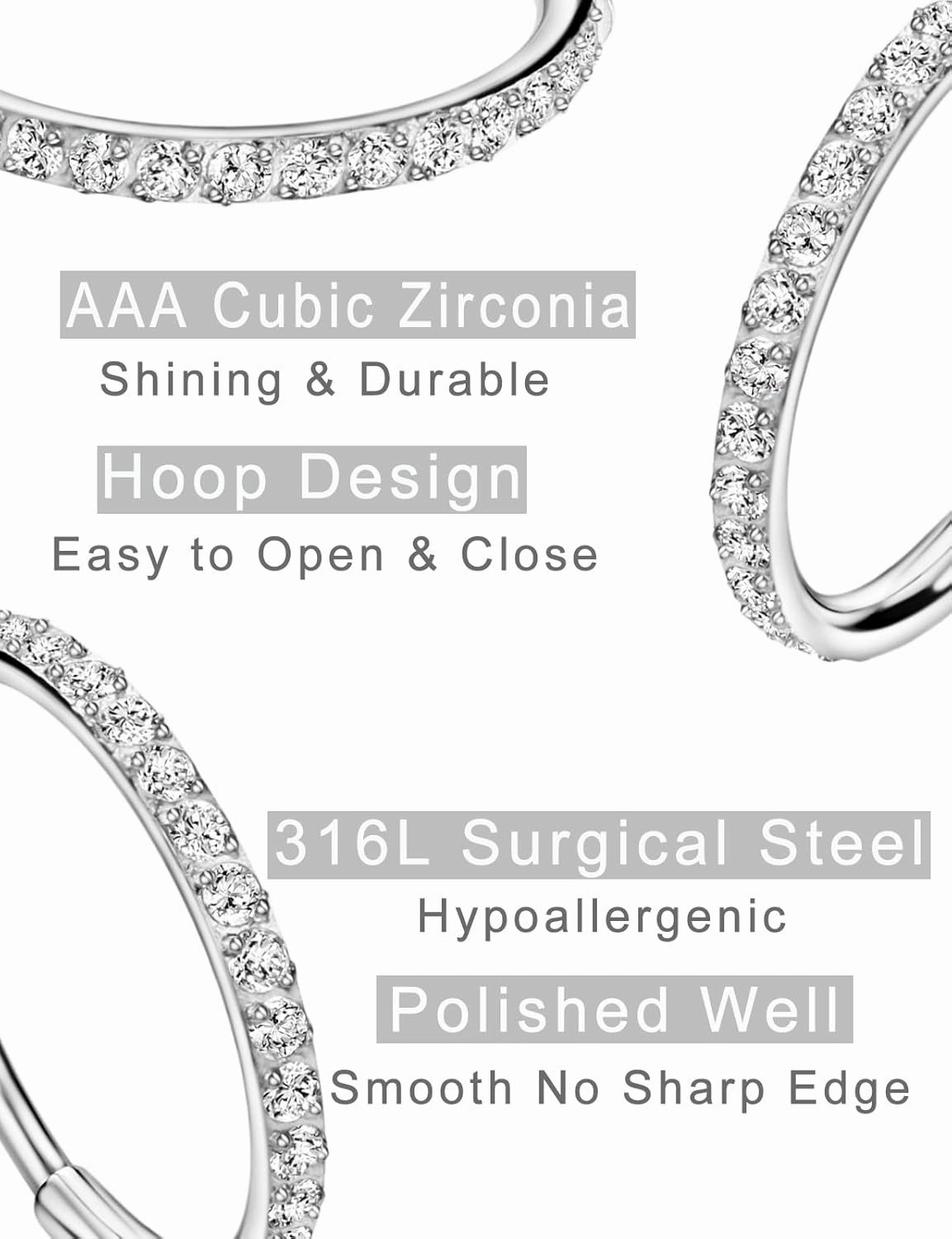 TDEBA 20G 18G 16G Clear CZ Nose Rings Hoop, 316L Surgical Steel Cartilage Earrings Hoop, 5-12mm Daith Helix Rook Tragus Piercing Jewelry, Stainless Steel Earring Silver Conch Piercing Jewelry