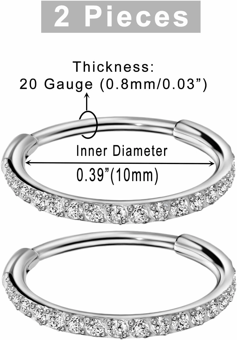 TDEBA 20G 18G 16G Clear CZ Nose Rings Hoop, 316L Surgical Steel Cartilage Earrings Hoop, 5-12mm Daith Helix Rook Tragus Piercing Jewelry, Stainless Steel Earring Silver Conch Piercing Jewelry