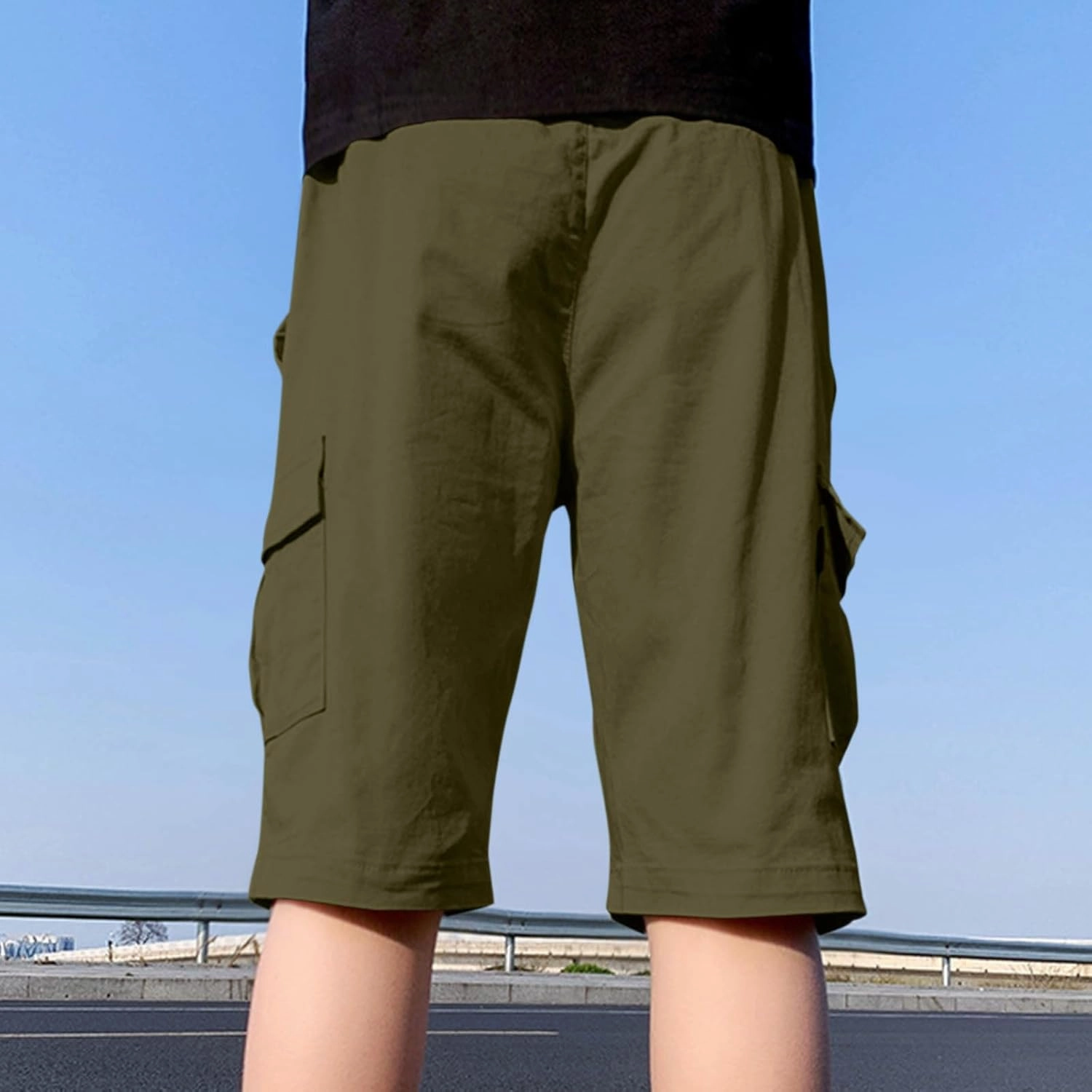 Teen Boys Bermuda Cargo Shorts Knee Length Elastic Waist Summer Casual Fitted Multi-Pockets Twill Half Pants