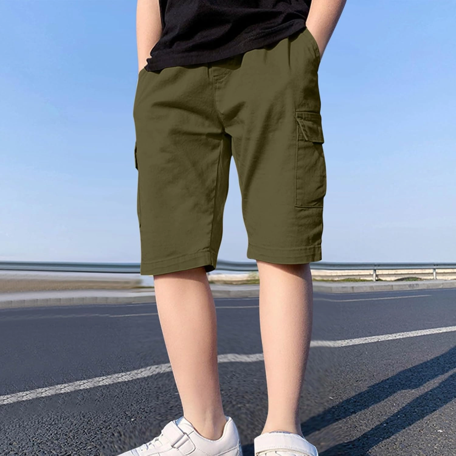Teen Boys Bermuda Cargo Shorts Knee Length Elastic Waist Summer Casual Fitted Multi-Pockets Twill Half Pants