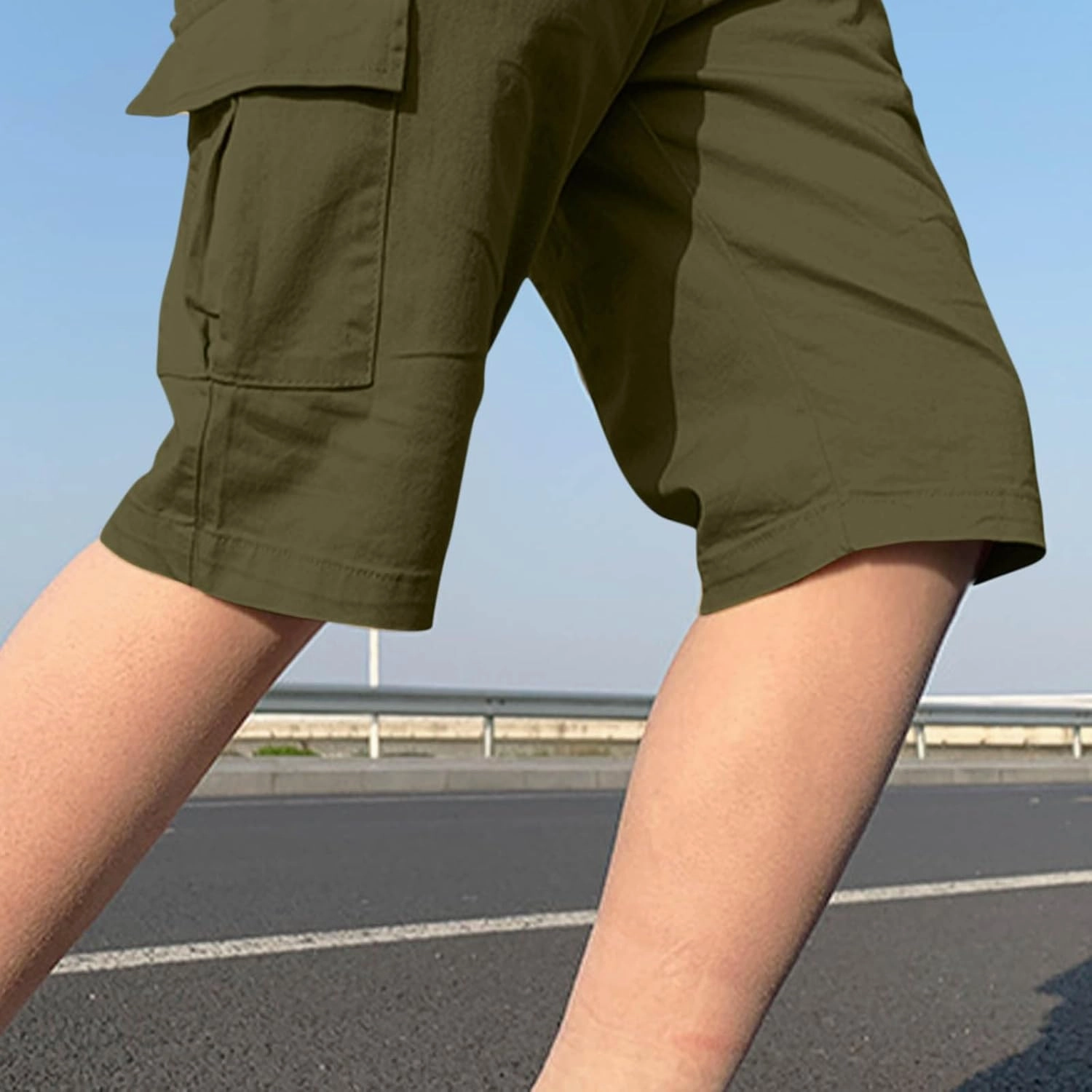 Teen Boys Bermuda Cargo Shorts Knee Length Elastic Waist Summer Casual Fitted Multi-Pockets Twill Half Pants